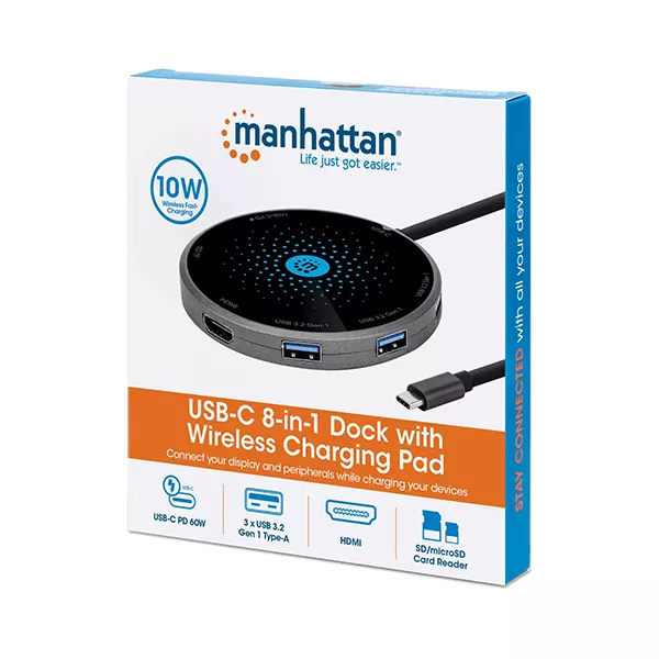 Manhattan USB-C 8-in-1 Dock with Wireless Charging Pad