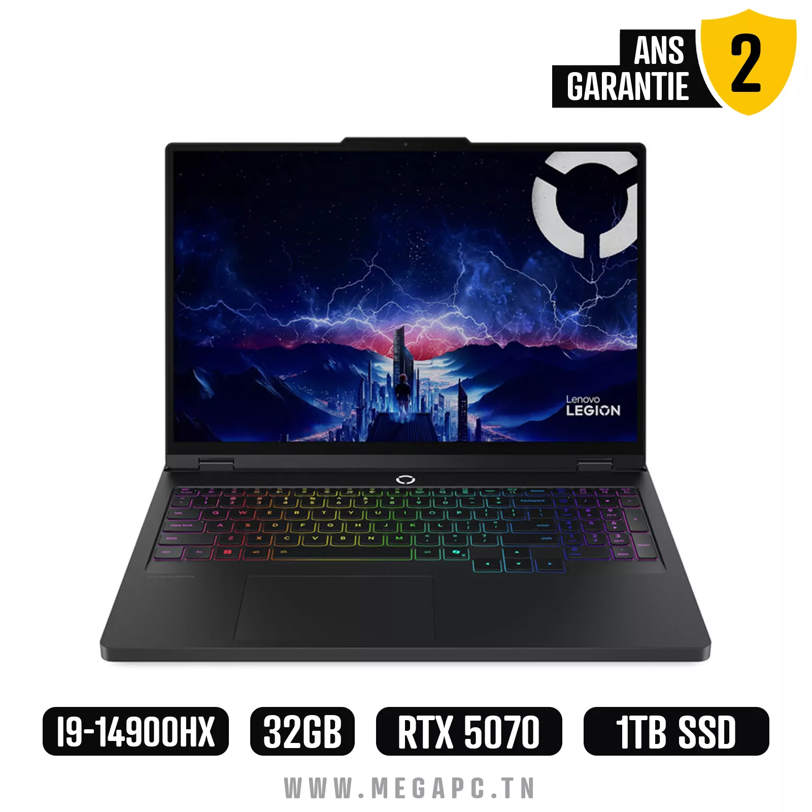 Lenovo Legion Pro 5 16IRX10 Intel® Core™ i9 i9-14900HX Ordinateur portable 40,6 cm (16") WQXGA 32 Go DDR5-SDRAM 1 To SSD NVIDIA GeForce RTX 5070 Wi-Fi 6 (802.11ax) Français Noir, Photo boutique MegaPC chez MegaPC