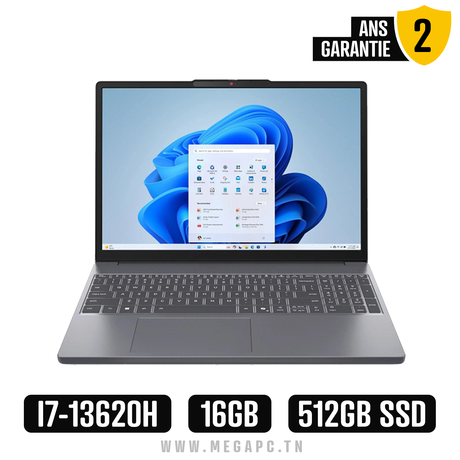 Lenovo IdeaPad Slim 3 15IRH10 Intel® Core™ i7 i7-13620H 38,9 cm (15.3") WUXGA 16 Go DDR5-SDRAM 512 Go SSD Wi-Fi 6 (802.11ax) Français Gris, Photo boutique MegaPC chez MegaPC