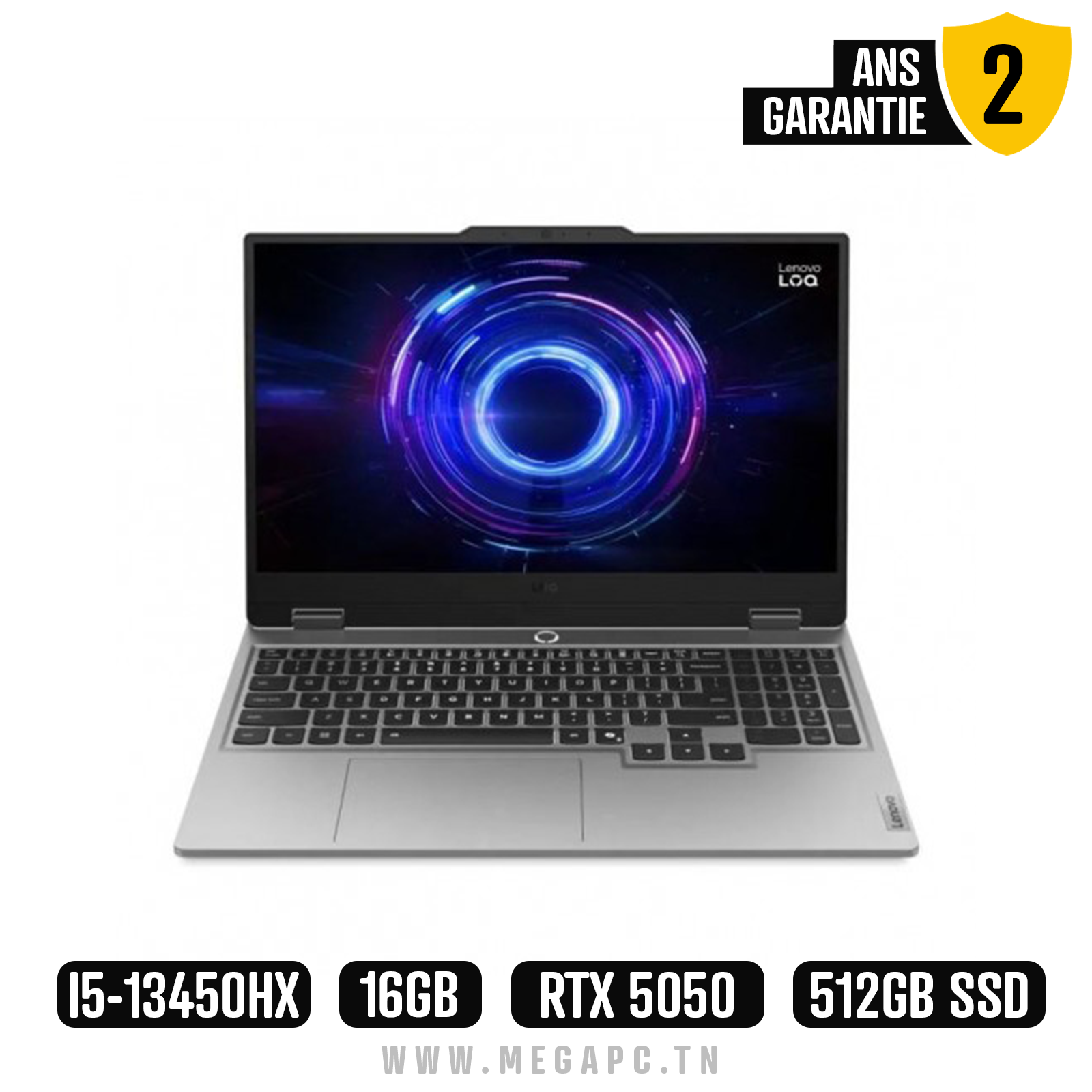 Pc Portable Gamer Lenovo LOQ 15IRX10 / i5-13450HX / RTX 5050 8G / 16 Go DDR5 / 512 Go SSD / Gris, Photo boutique MegaPC chez MegaPC