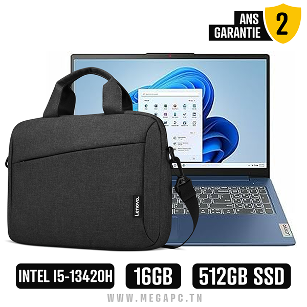 Lenovo IdeaPad Slim 3 15IRH10 Intel® Core™ i5 i5-13420H 38,9 cm (15.3") WUXGA 16 Go DDR5-SDRAM 512 Go SSD Wi-Fi 6 (802.11ax) Windows 11 Home Français Bleu, Photo boutique MegaPC chez MegaPC