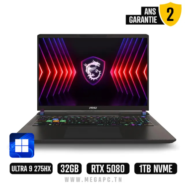 Pc Portable MSI Vector 16 HX AI A2XWIG-015FR Ultra 9 32Go 1To SSD RTX 5080 Windows 11, Photo boutique MegaPC chez MegaPC