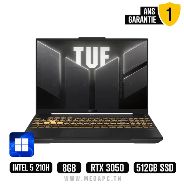 Pc Portable Asus Tuf Gaming F16 FX607VJ Core 5 8Go 512Go SSD RTX 3050 Windows 11, Photo boutique MegaPC chez MegaPC