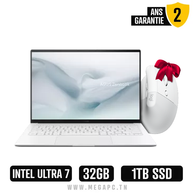 Pc Portable ASUS Zenbook S 14 UX5406SA / Ultra 7 256V / 32 Go / 1 To SSD / Windows 11 / Blanc, Photo chez MegaPC chez MegaPC