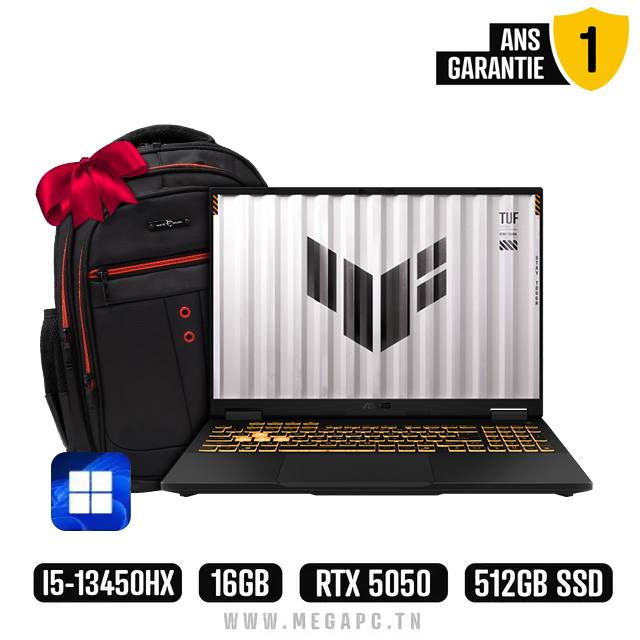 Pc Portable Gamer Asus TUF Gaming F16 I5 13Gén 16Go 512Go SSD RTX 5050 Windows 11, Photo chez MegaPC chez MegaPC